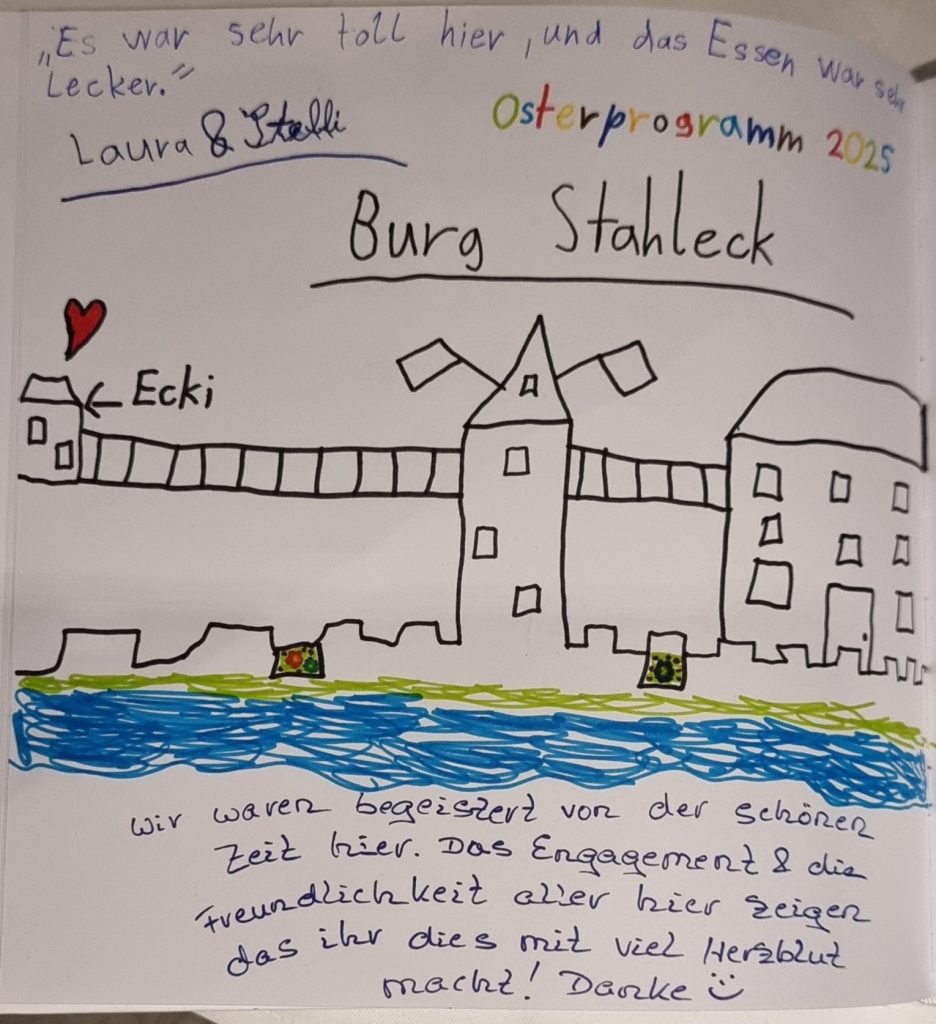 Gästebucheintrag von einem Kind mit Zeichnung von Burg Stahleck