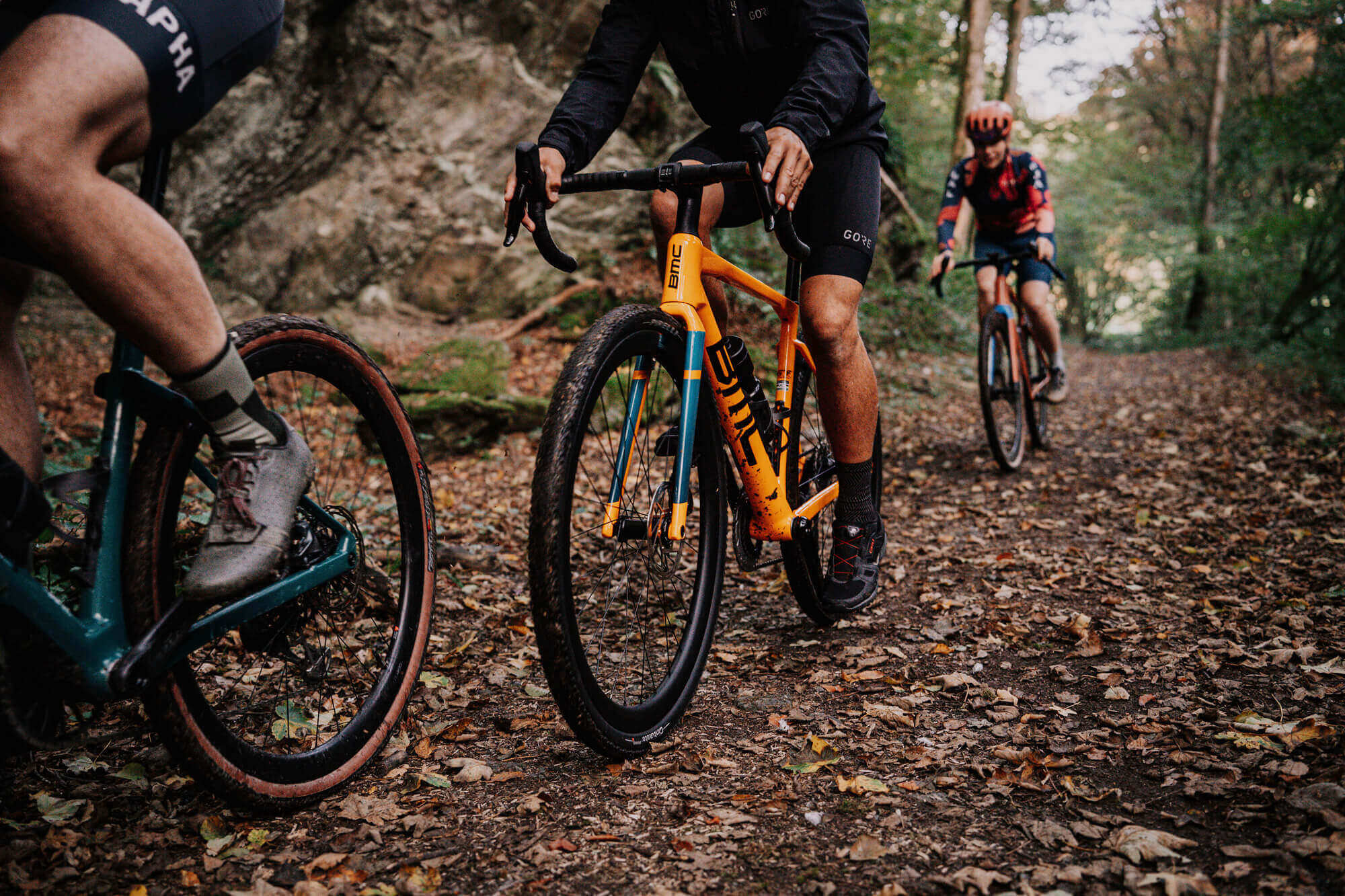 Drei Fahrradfahrer rasant im Wald unterwegs